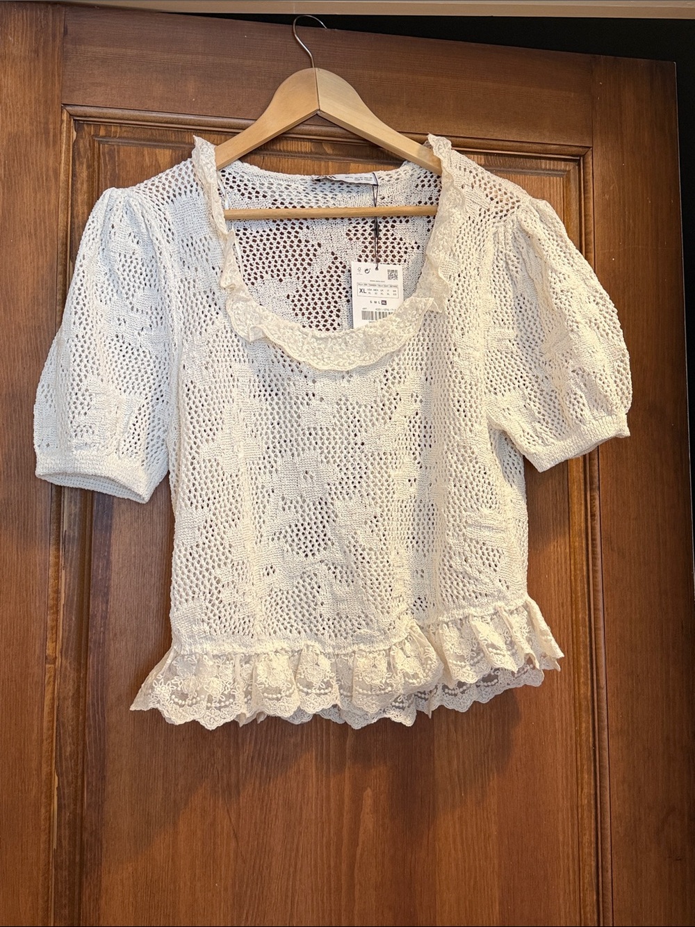 Zara White Crochet Lace-Trim Puff Sleeve Top
